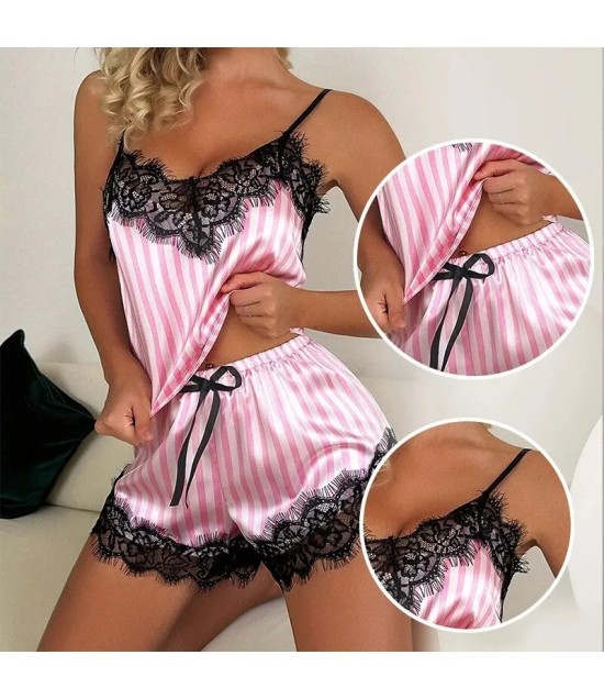 Two Piece Women's V-Neck Sexy Lace Suspender Pajama Shorts Set Casual 