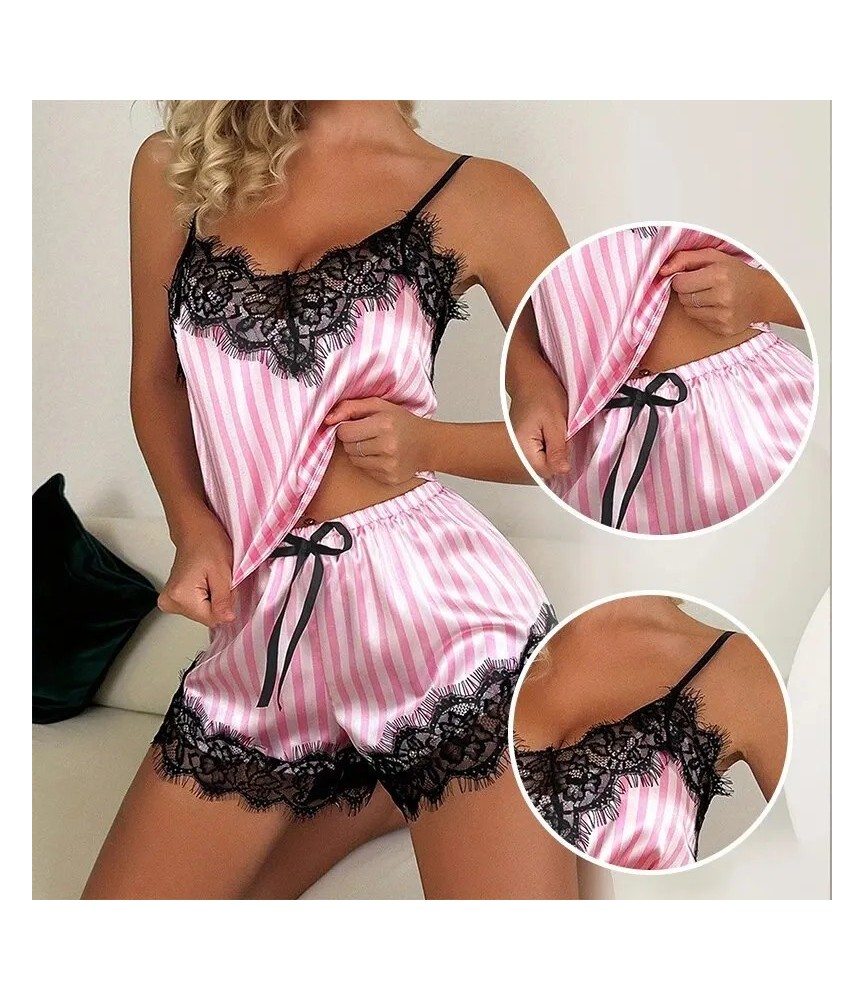 Two Piece Women's V-Neck Sexy Lace Suspender Pajama Shorts Set Casual 