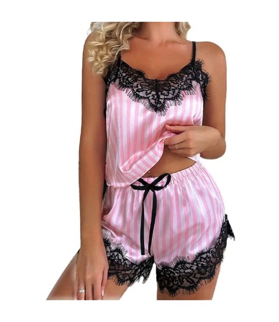 Two Piece Women's V-Neck Sexy Lace Suspender Pajama Shorts Set Casual 