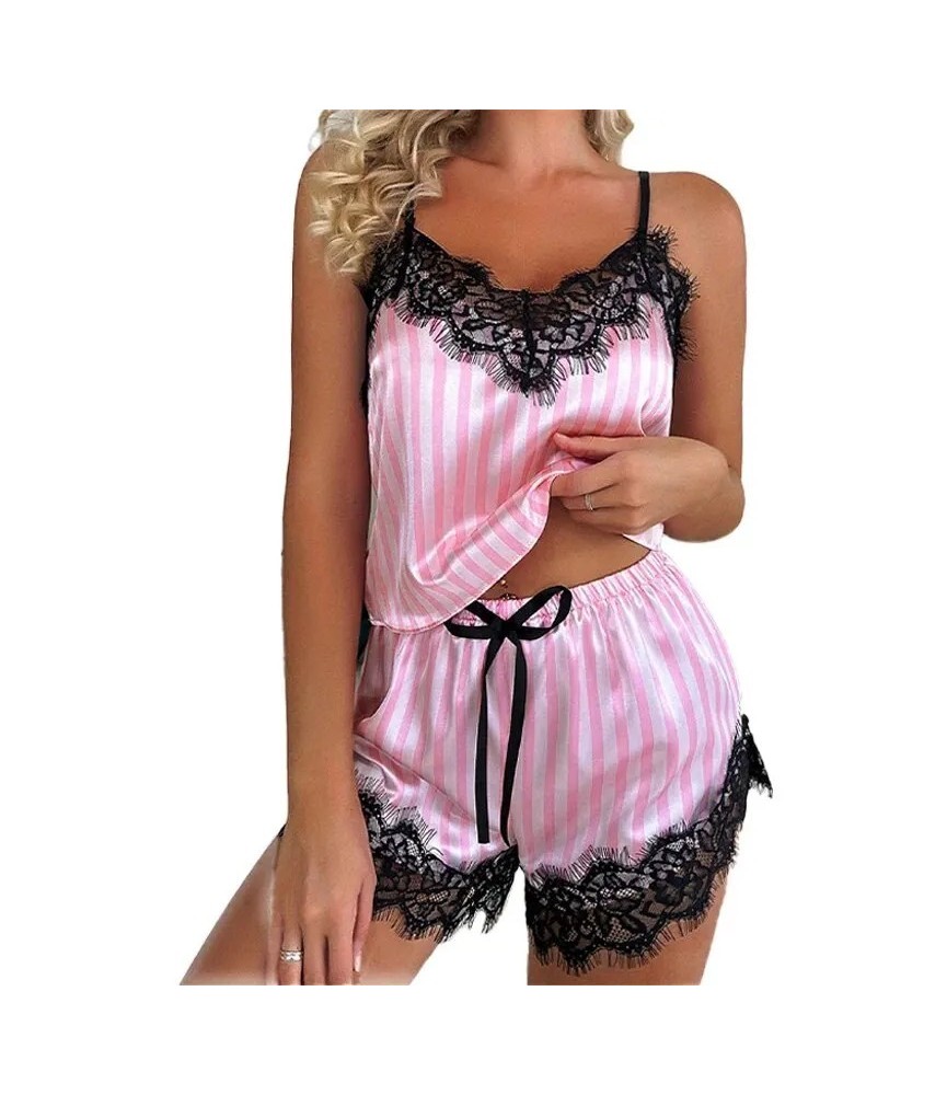 Two Piece Women's V-Neck Sexy Lace Suspender Pajama Shorts Set Casual 